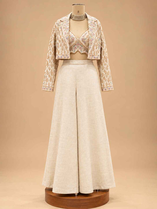 Ivory Embroidered Crop Top with Jacket & Wide-Leg Palazzo Set for women – product view 2