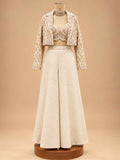 Ivory Embroidered Crop Top with Jacket & Wide-Leg Palazzo Set | Women's Ethnic Wear