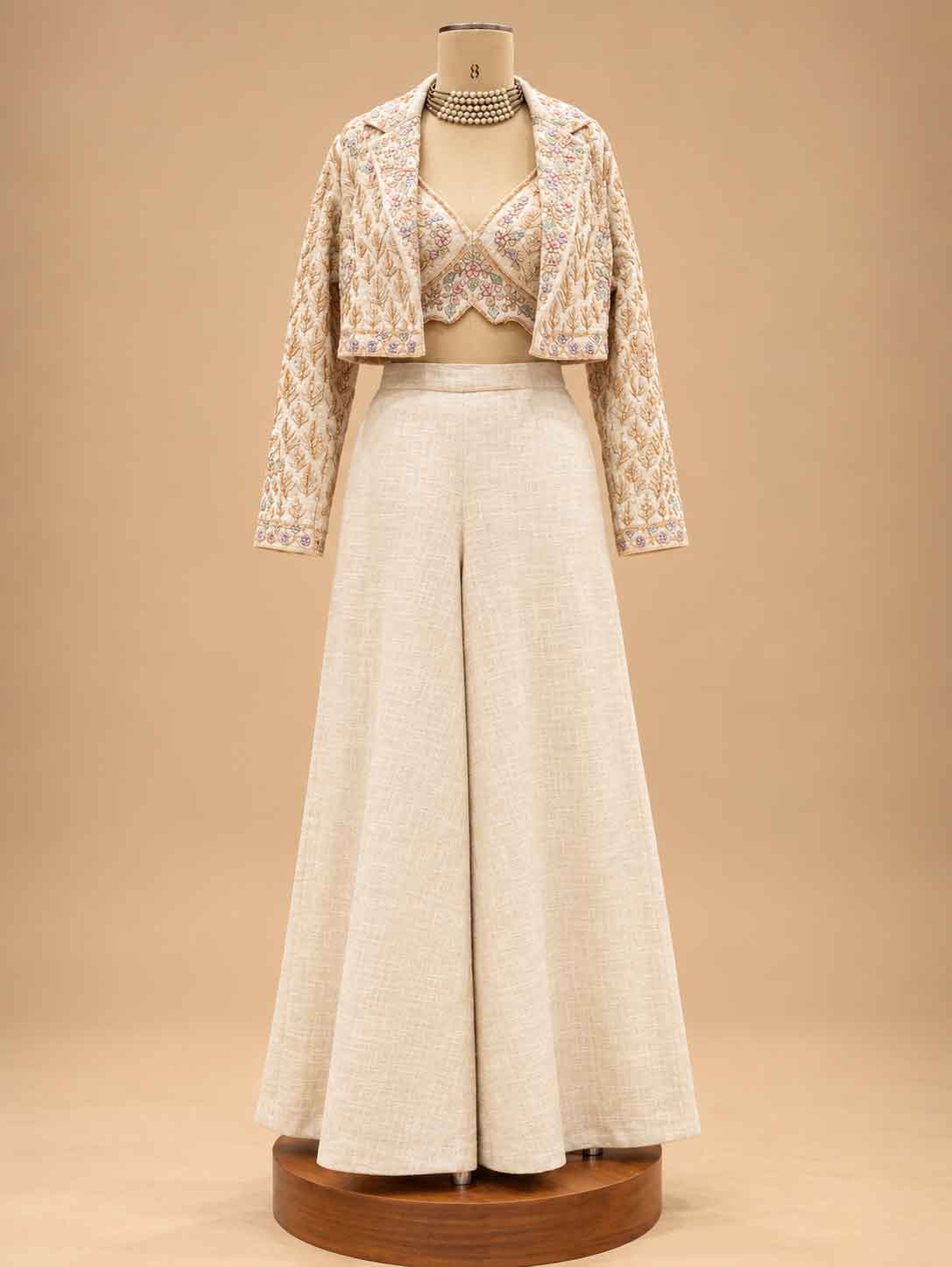 Ivory Embroidered Crop Top with Jacket & Wide-Leg Palazzo Set | Women's Ethnic Wear