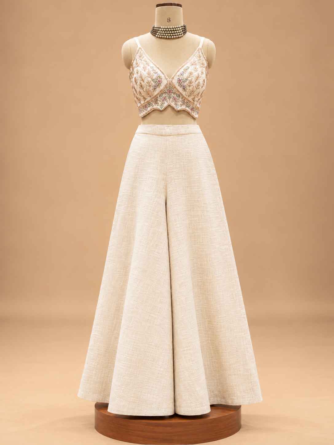 Ivory Embroidered Crop Top with Jacket & Wide-Leg Palazzo Set | Women's Ethnic Wear