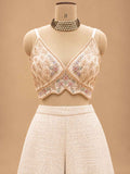 Ivory Embroidered Crop Top with Jacket & Wide-Leg Palazzo Set | Women's Ethnic Wear