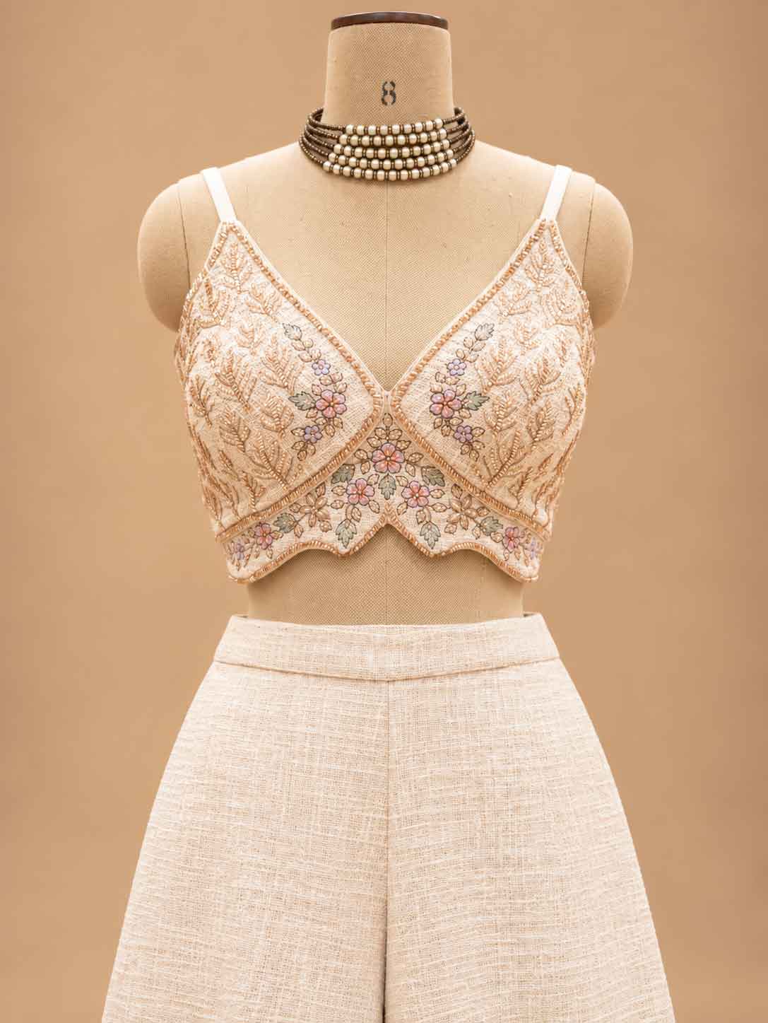 Ivory Embroidered Crop Top with Jacket & Wide-Leg Palazzo Set | Women's Ethnic Wear