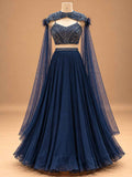 Midnight Navy Blue Embellished Lehenga Set with Sheer Cape | Designer Occasion Wear