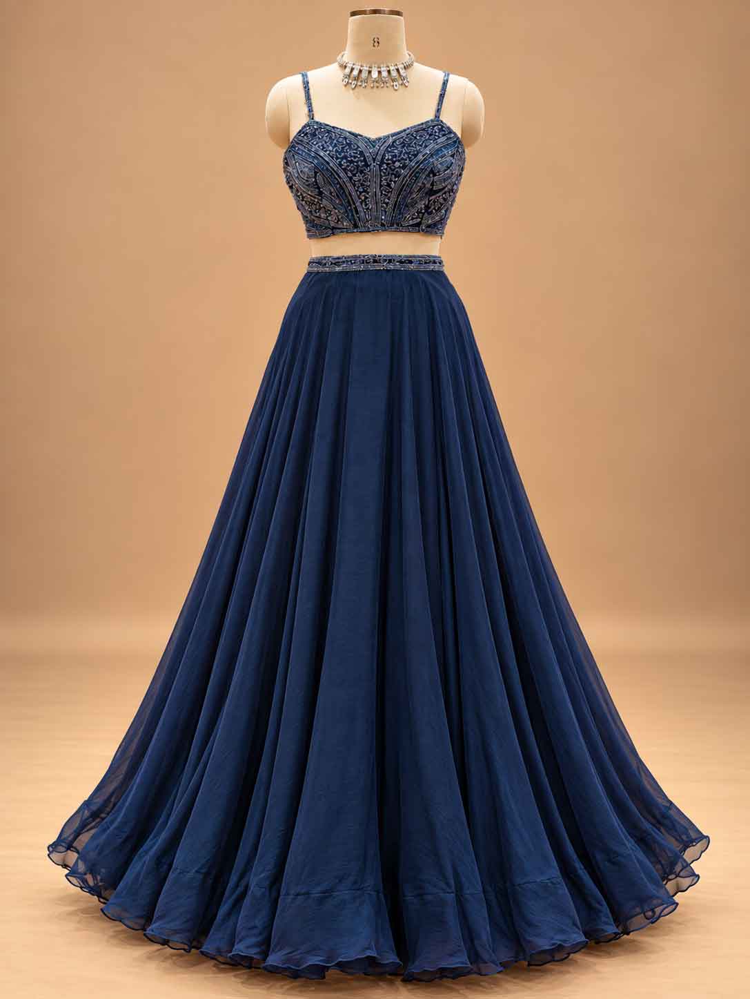 Midnight Navy Blue Embellished Lehenga Set with Sheer Cape | Designer Occasion Wear