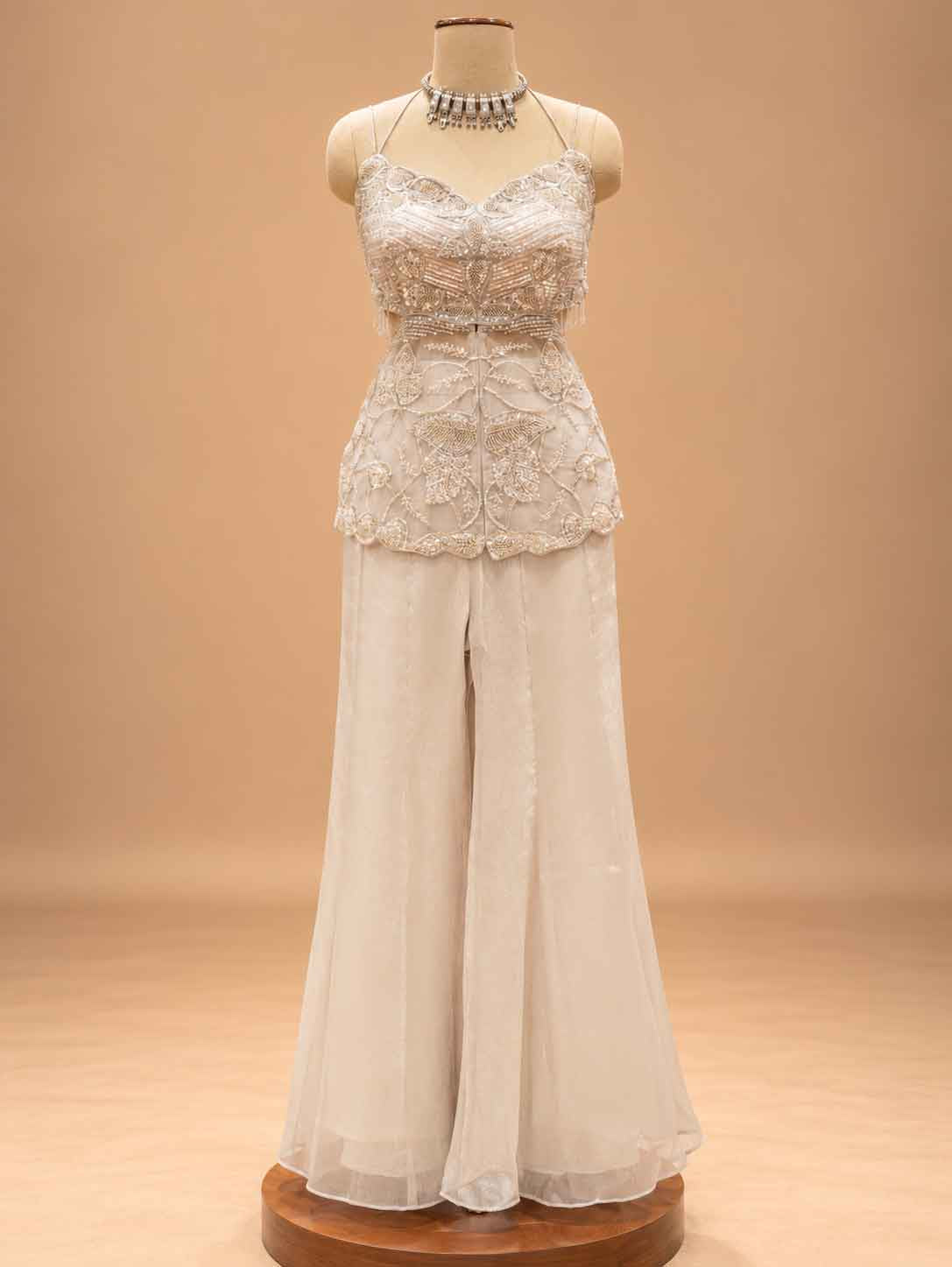 Ivory Embellished Peplum Top with Wide-Leg Palazzo Pants | Women's Occasion Wear