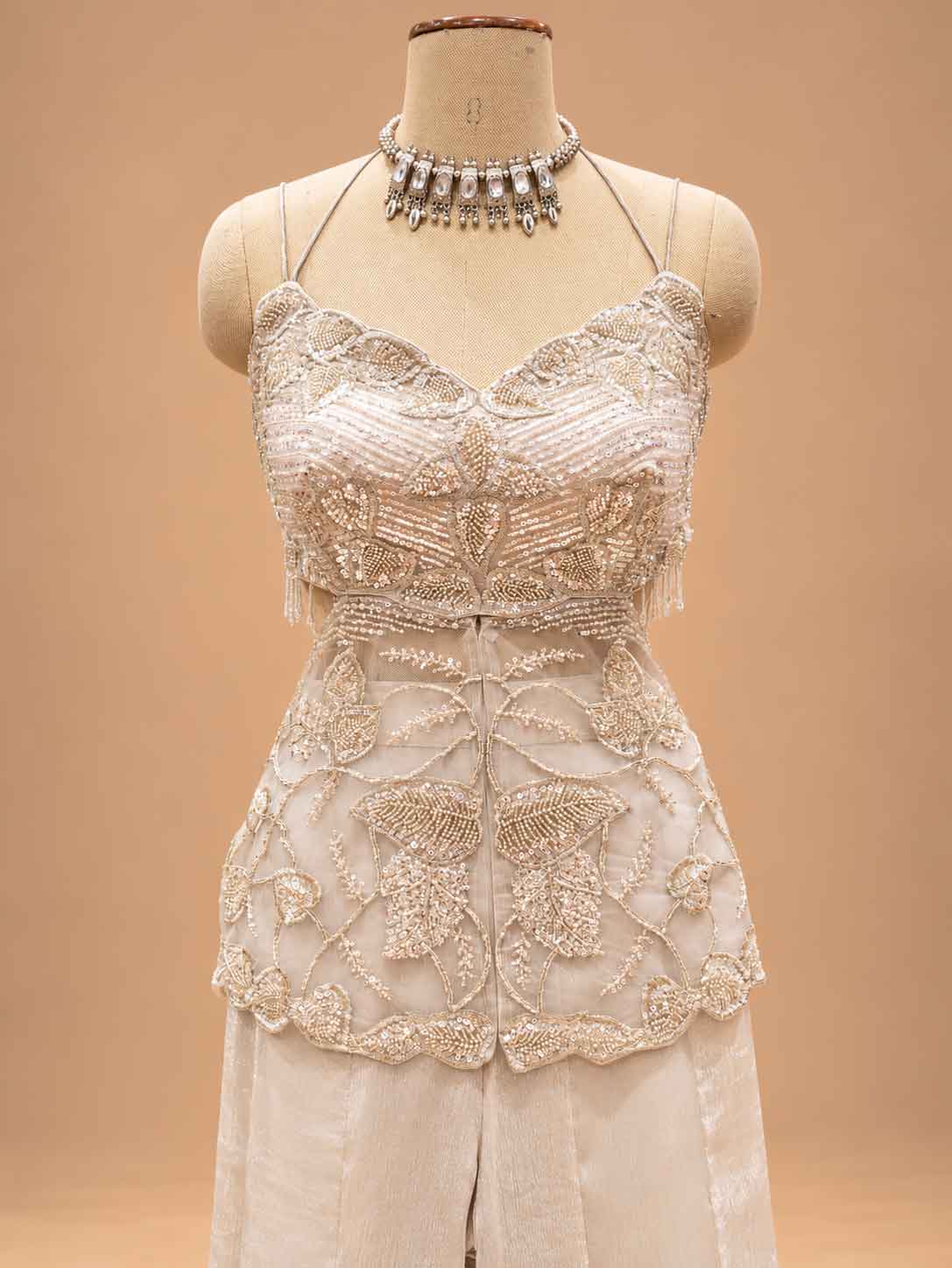 Ivory Embellished Peplum Top with Wide-Leg Palazzo Pants | Women's Occasion Wear
