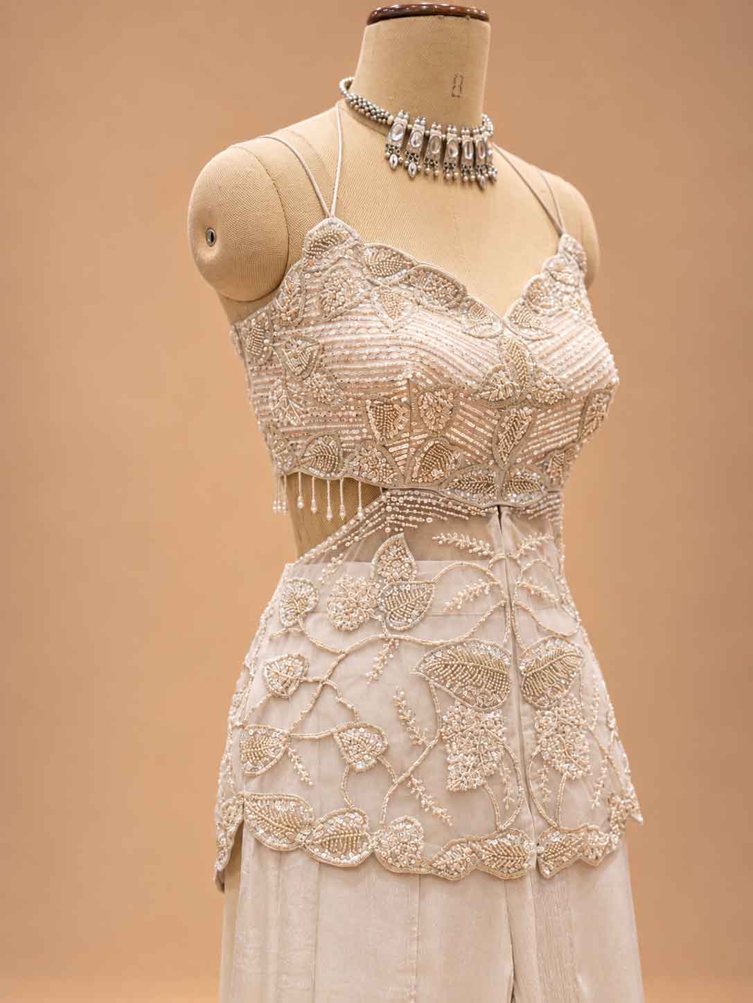 Ivory Embellished Peplum Top with Wide-Leg Palazzo Pants | Women's Occasion Wear