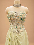 Pastel Yellow Embellished Pre-Draped Saree with Floral Blouse | Designer Occasion Wear