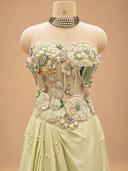 Pastel Yellow Embellished Pre-Draped Saree with Floral Blouse | Designer Occasion Wear