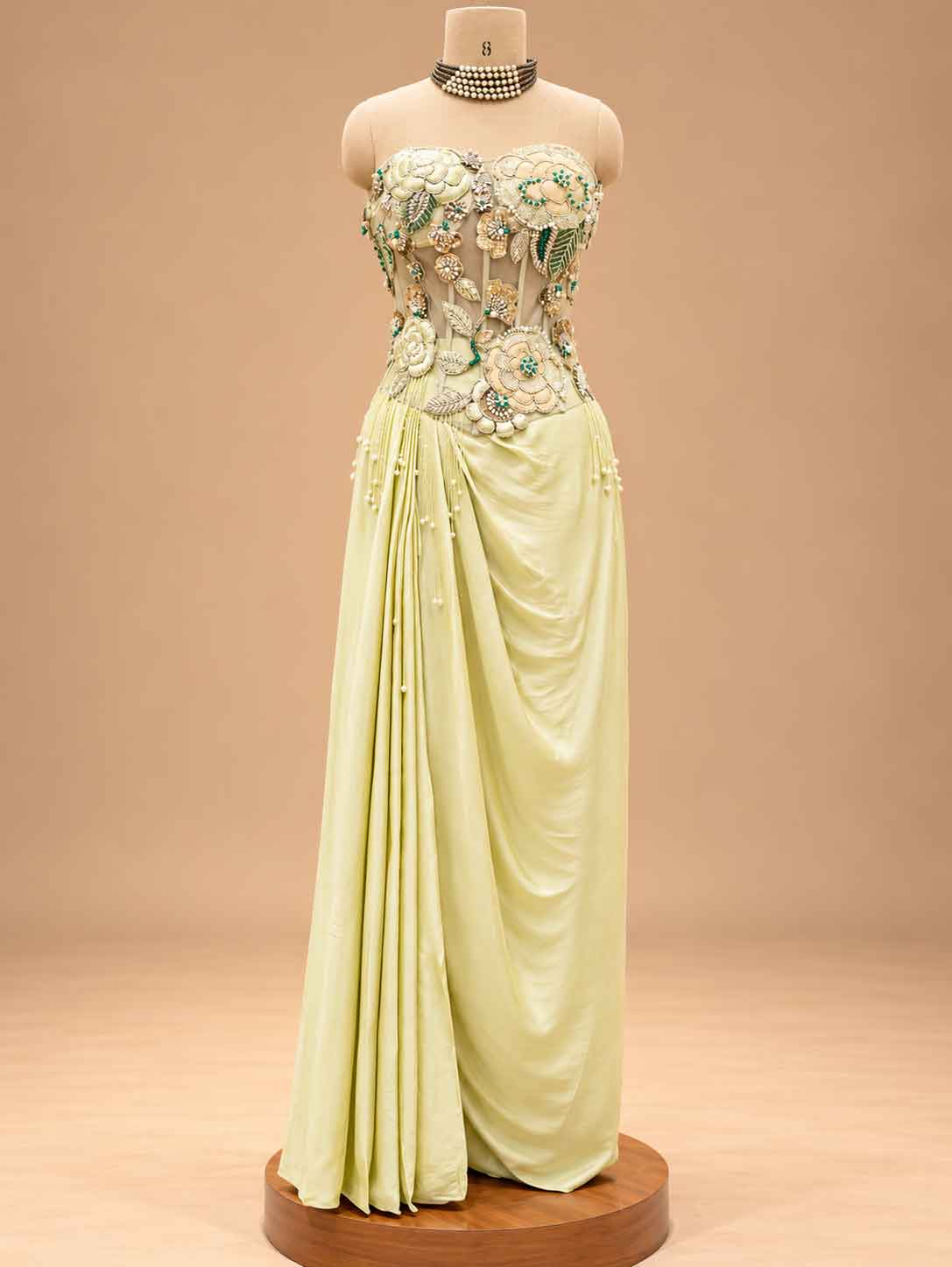 Pastel Yellow Embellished Pre-Draped Saree with Floral Blouse | Designer Occasion Wear