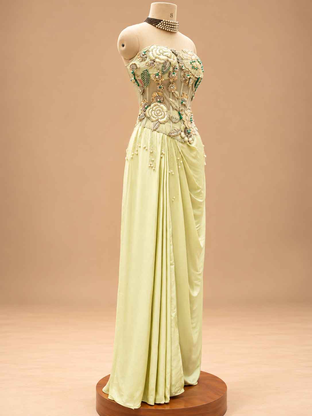 Pastel Yellow Embellished Pre-Draped Saree with Floral Blouse | Designer Occasion Wear