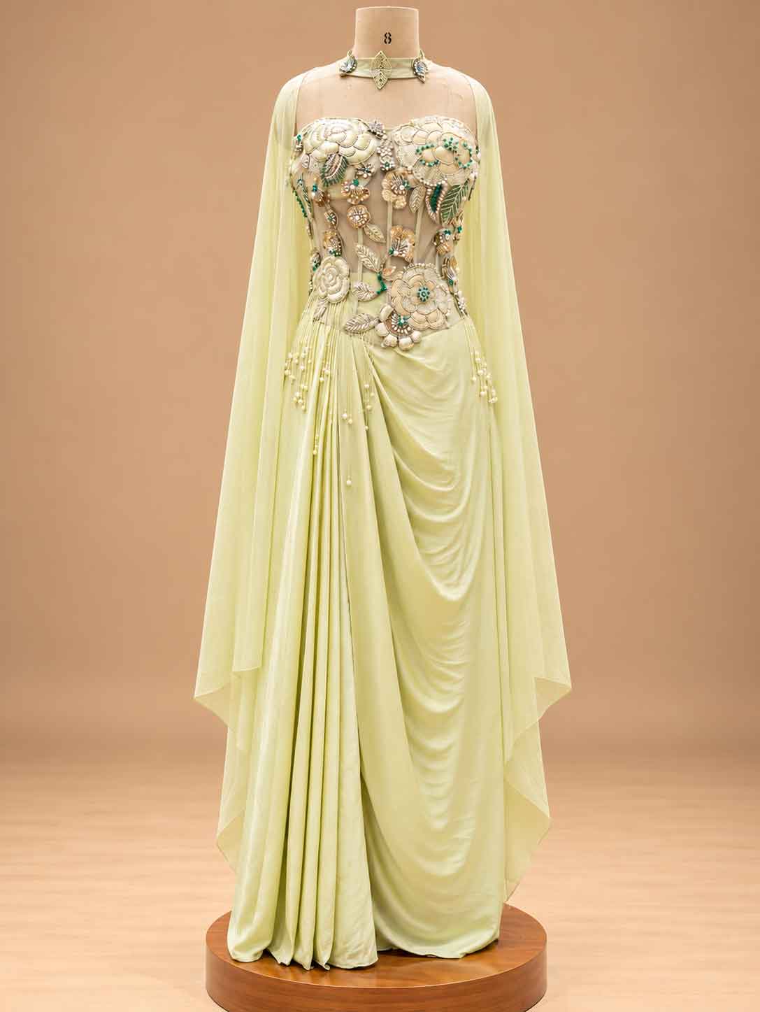 Pastel Yellow Embellished Pre-Draped Saree with Floral Blouse | Designer Occasion Wear