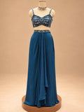 Deep Teal Blue Embroidered Lehenga Set with Embellished Blouse & Dupatta | Women's Ethnic Wear