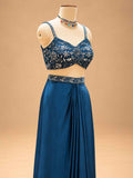 Deep Teal Blue Embroidered Lehenga Set with Embellished Blouse & Dupatta | Women's Ethnic Wear