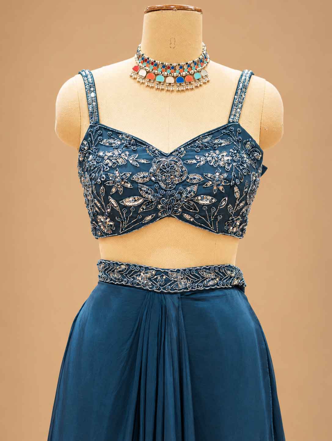 Deep Teal Blue Embroidered Lehenga Set with Embellished Blouse & Dupatta | Women's Ethnic Wear