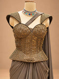 Taupe Brown Embroidered Pre-Draped Saree with Corset Blouse | Women's Party Wear