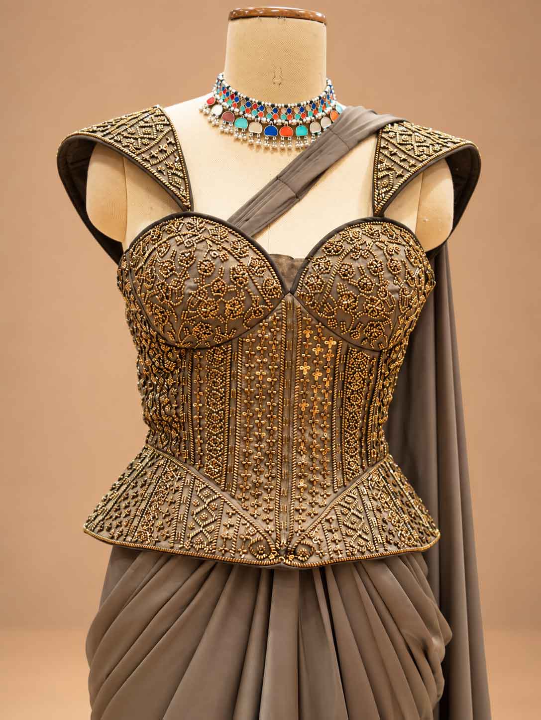Taupe Brown Embroidered Pre-Draped Saree with Corset Blouse | Women's Party Wear
