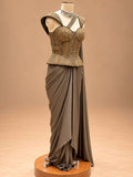 Taupe Brown Embroidered Pre-Draped Saree with Corset Blouse | Women's Party Wear