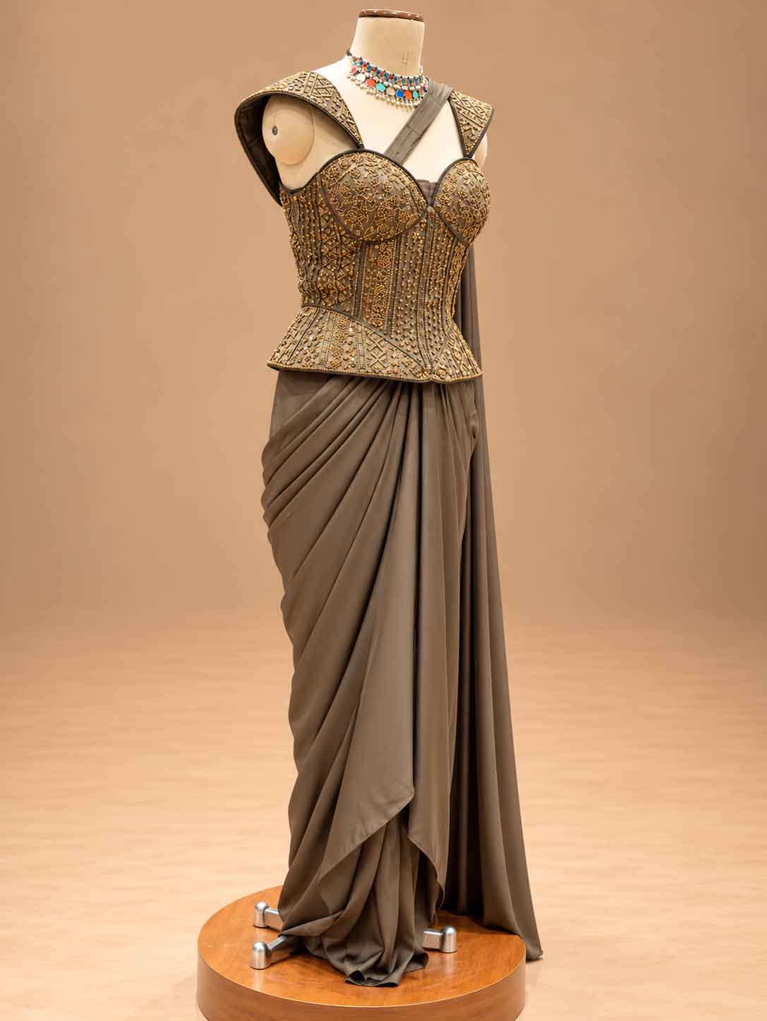 Taupe Brown Embroidered Pre-Draped Saree with Corset Blouse | Women's Party Wear