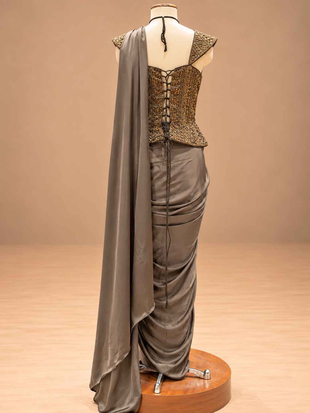 Taupe Brown Embroidered Pre-Draped Saree with Corset Blouse | Women's Party Wear