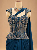 Deep Navy Blue Embroidered Pre-Draped Saree Gown with Corset Blouse | Women's Occasion Wear
