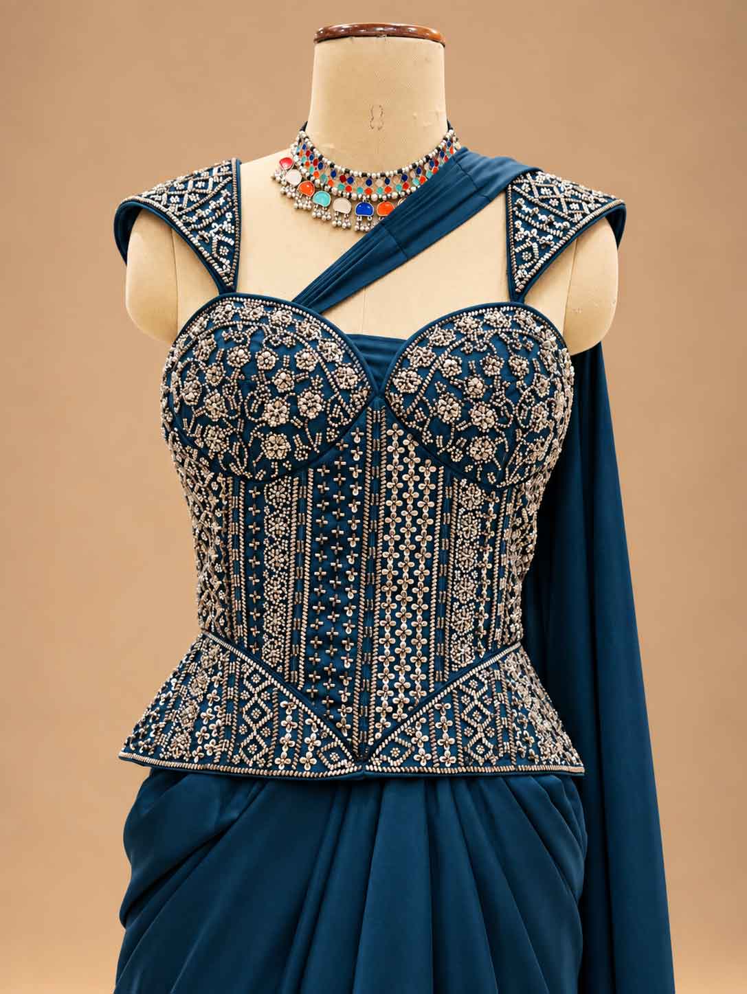 Deep Navy Blue Embroidered Pre-Draped Saree Gown with Corset Blouse | Women's Occasion Wear