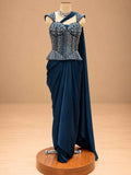 Deep Navy Blue Embroidered Pre-Draped Saree Gown with Corset Blouse | Women's Occasion Wear