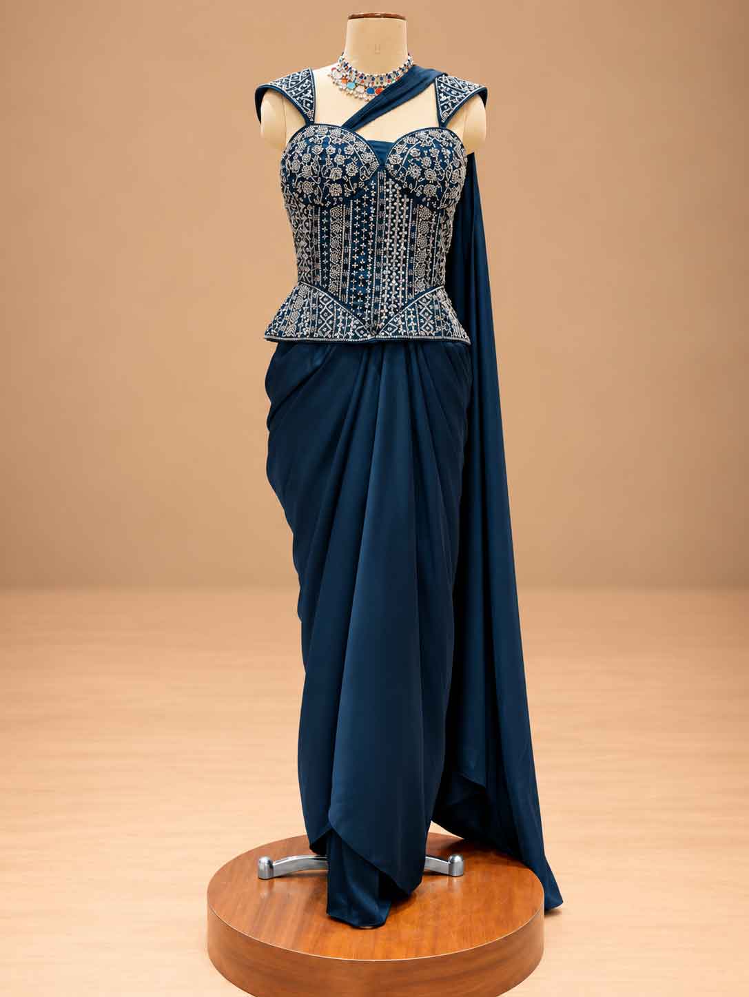 Deep Navy Blue Embroidered Pre-Draped Saree Gown with Corset Blouse | Women's Occasion Wear