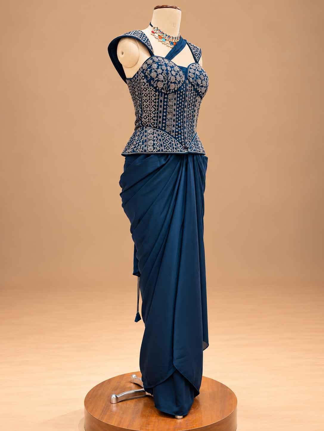 Deep Navy Blue Embroidered Pre-Draped Saree Gown with Corset Blouse | Women's Occasion Wear