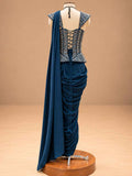 Deep Navy Blue Embroidered Pre-Draped Saree Gown with Corset Blouse | Women's Occasion Wear