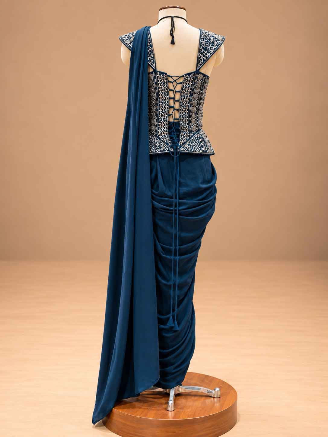 Deep Navy Blue Embroidered Pre-Draped Saree Gown with Corset Blouse | Women's Occasion Wear