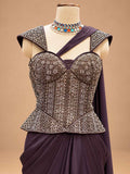 Deep Plum Embroidered Pre-Draped Saree with Corset Blouse | Women's Party Wear