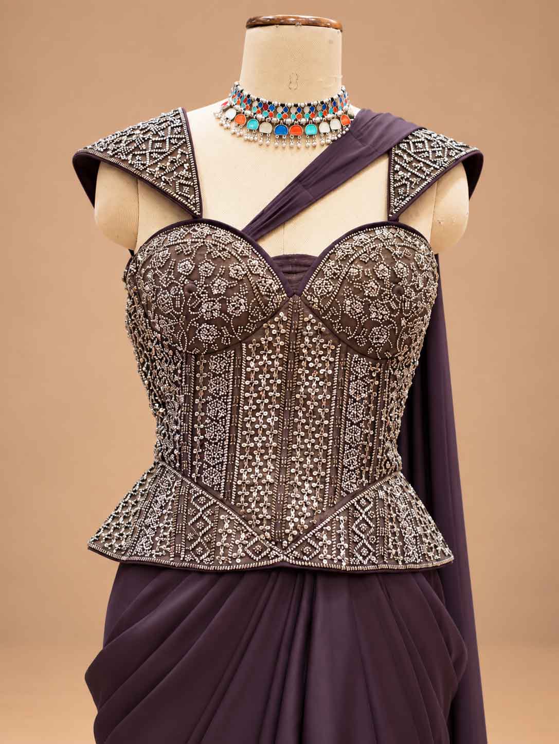 Deep Plum Embroidered Pre-Draped Saree with Corset Blouse | Women's Party Wear
