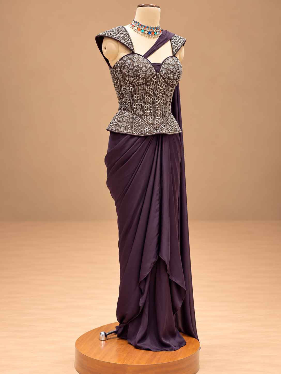 Deep Plum Embroidered Pre-Draped Saree with Corset Blouse | Women's Party Wear