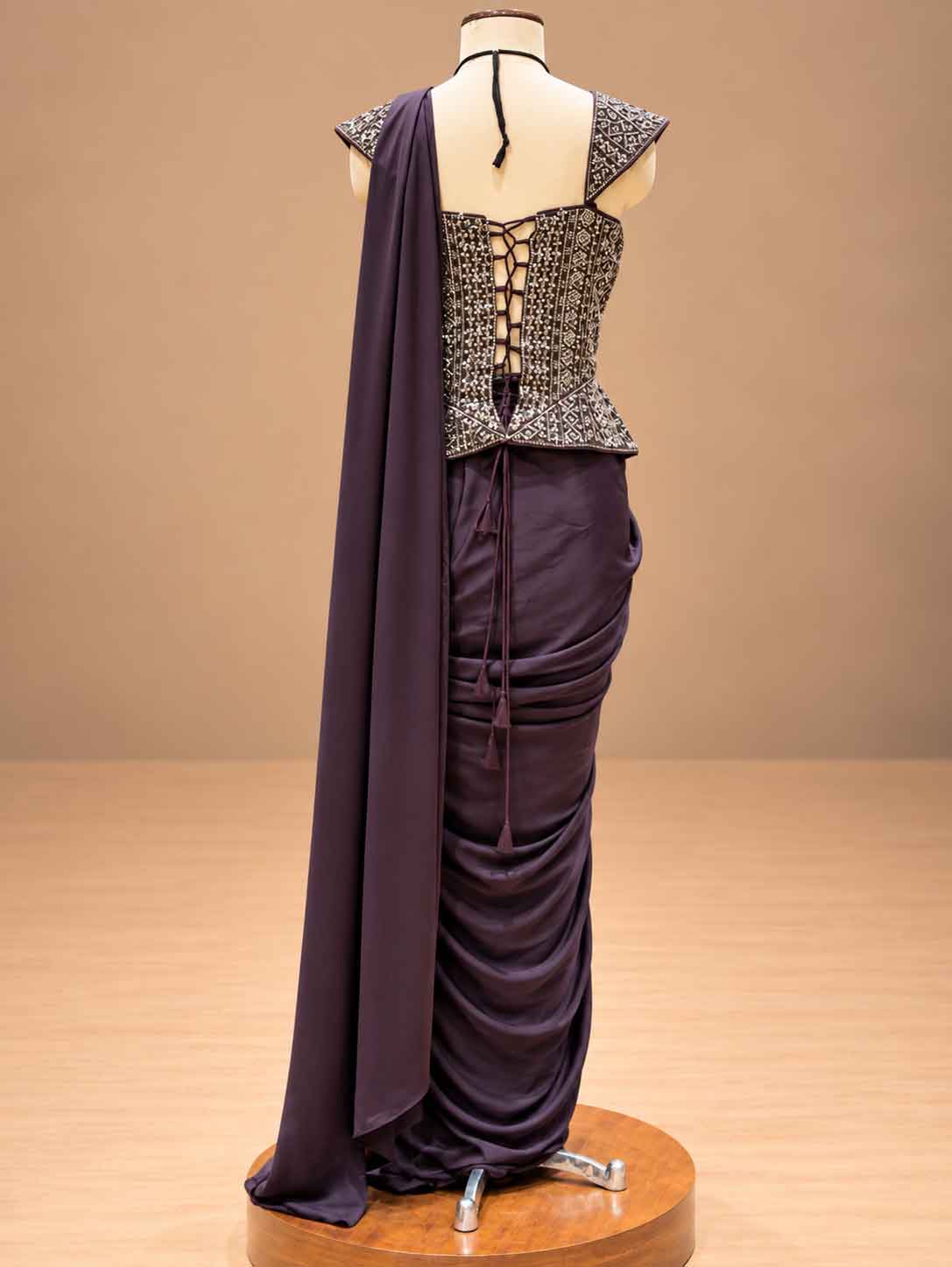 Deep Plum Embroidered Pre-Draped Saree with Corset Blouse | Women's Party Wear