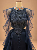 Midnight Navy Blue Embellished Lehenga Set with Sheer Ruffle Sleeves | Women's Occasion Wear