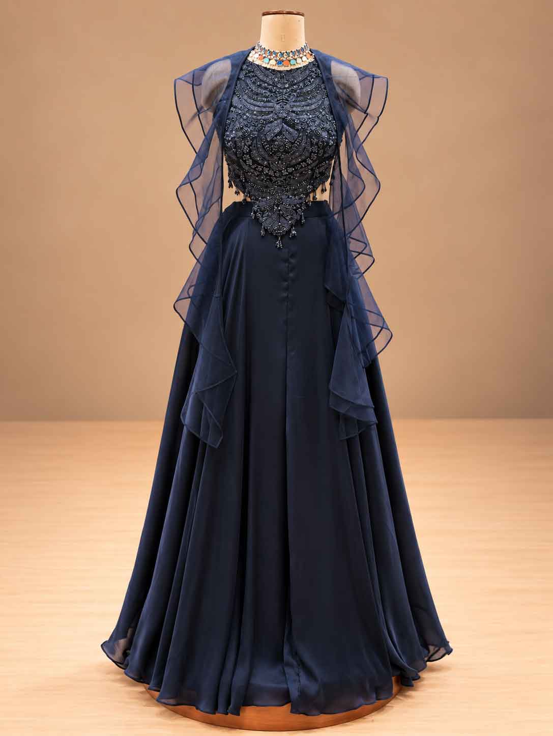 Midnight Navy Blue Embellished Lehenga Set with Sheer Ruffle Sleeves | Women's Occasion Wear