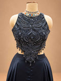 Midnight Navy Blue Embellished Lehenga Set with Sheer Ruffle Sleeves | Women's Occasion Wear