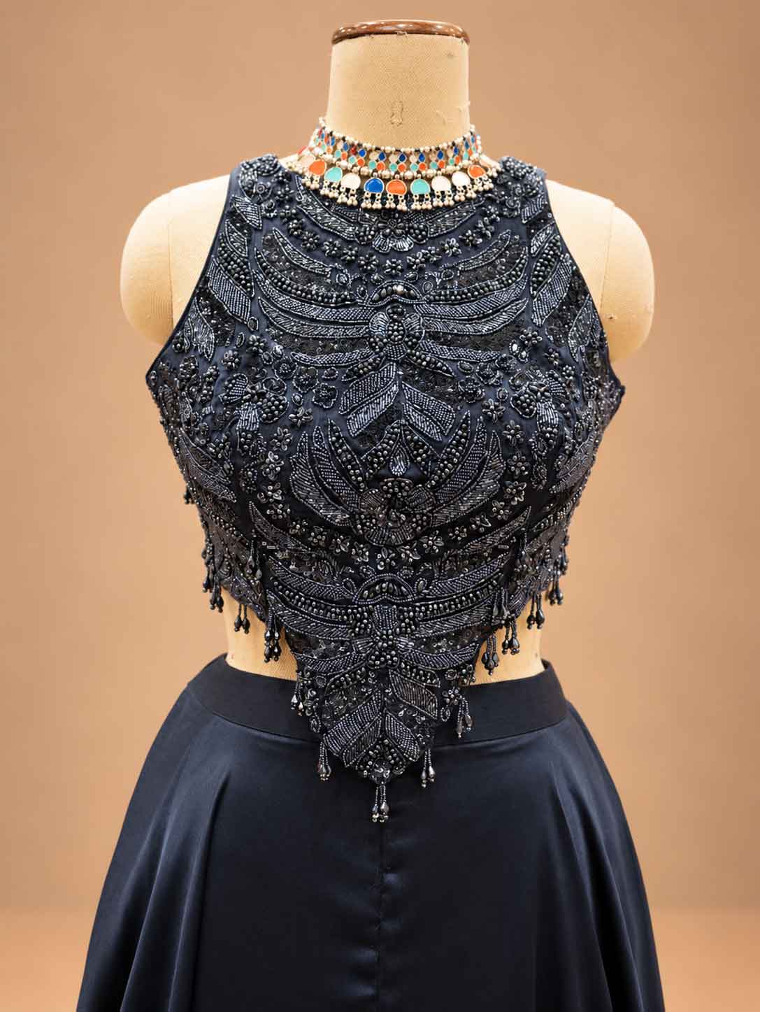 Midnight Navy Blue Embellished Lehenga Set with Sheer Ruffle Sleeves | Women's Occasion Wear