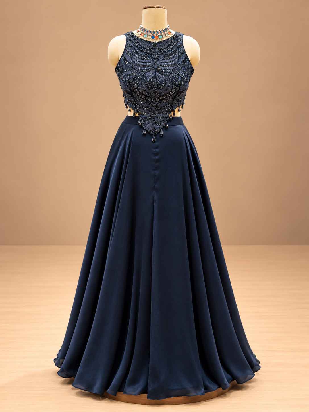 Midnight Navy Blue Embellished Lehenga Set with Sheer Ruffle Sleeves | Women's Occasion Wear