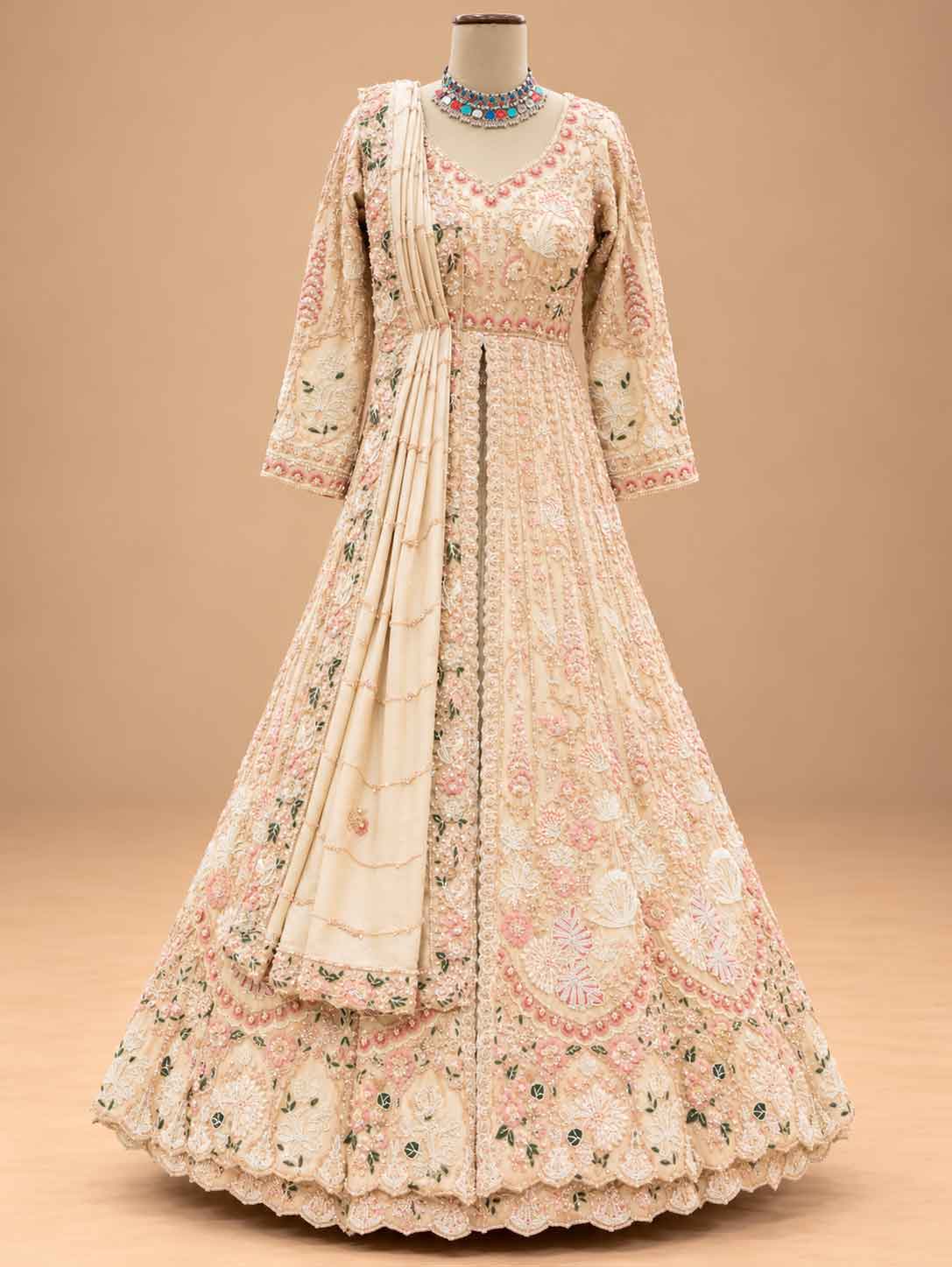 Ivory & Blush Pink Embroidered Anarkali Suit Set with Dupatta | Women's Ethnic Wear