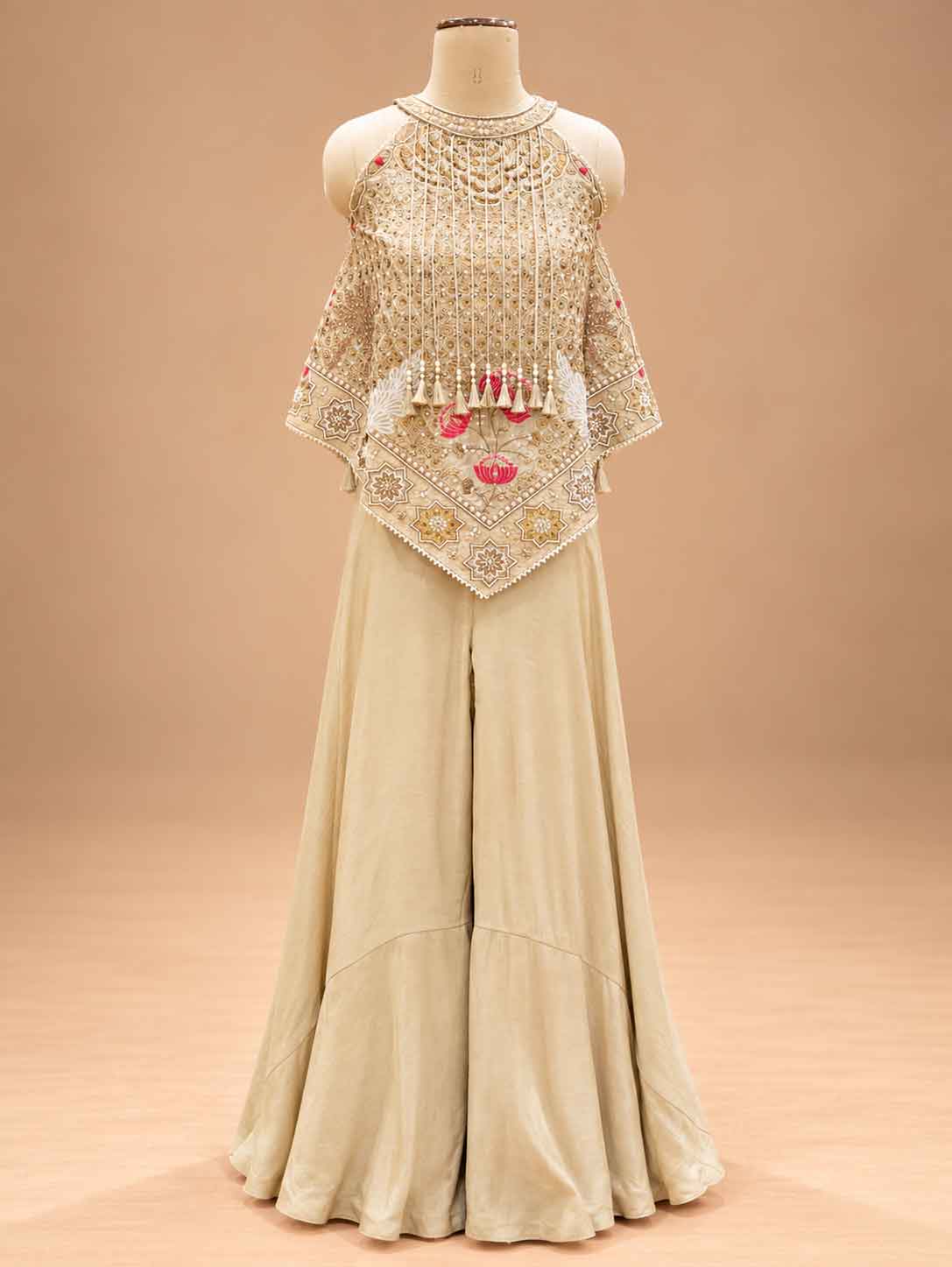 Ivory Embellished Peplum Kurta with Wide-Leg Sharara Set | Women's Festive Wear