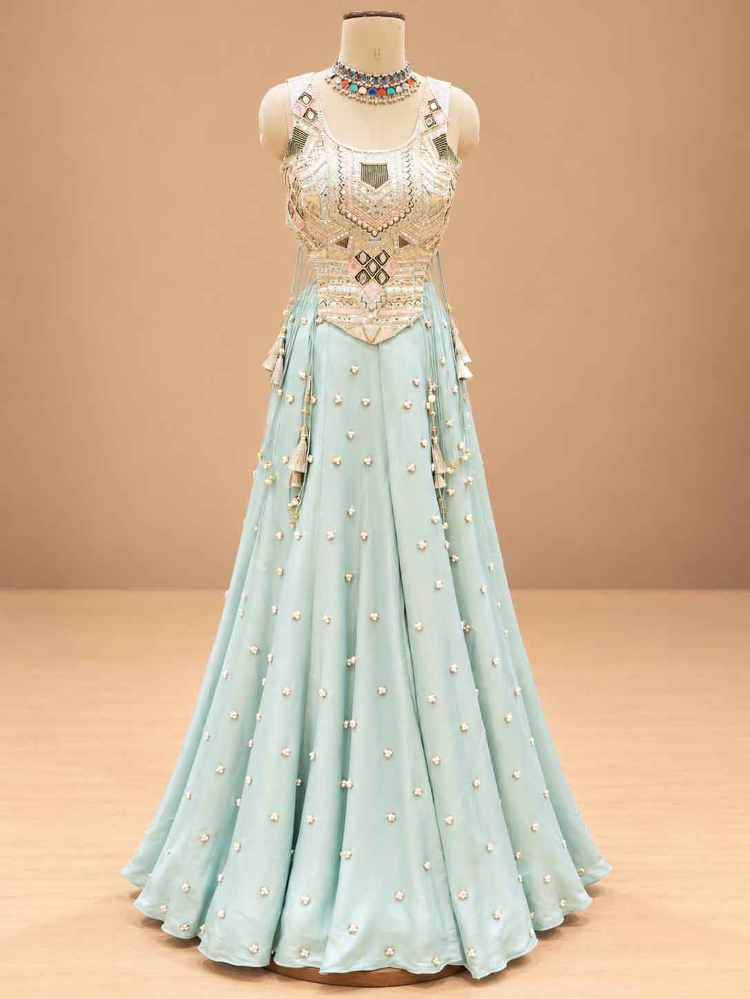 Pastel Mint Green Embellished Lehenga Set with Sleeveless Blouse | Women's Festive Wear