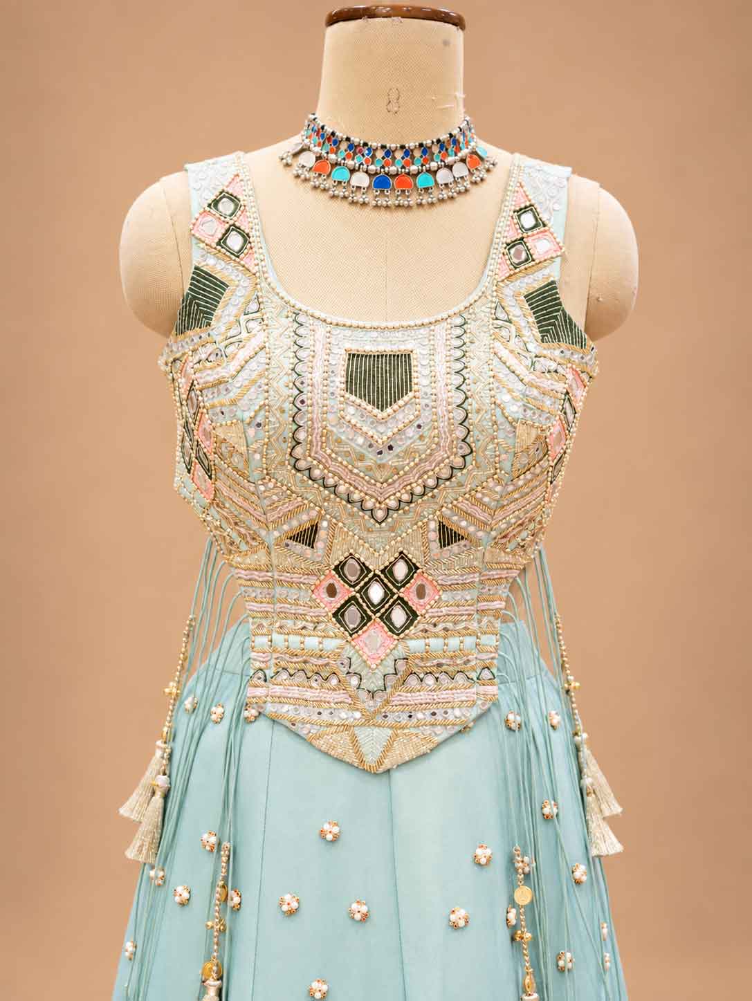 Pastel Mint Green Embellished Lehenga Set with Sleeveless Blouse | Women's Festive Wear