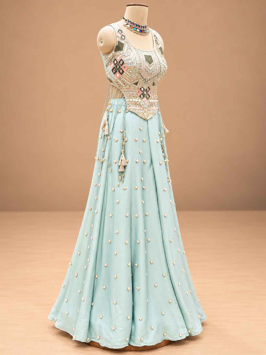 Pastel Mint Green Embellished Lehenga Set with Sleeveless Blouse | Women's Festive Wear
