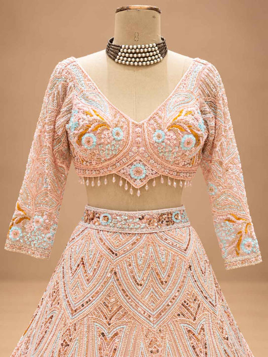 Pastel Peach Embroidered Lehenga Set with Dupatta – product view 2