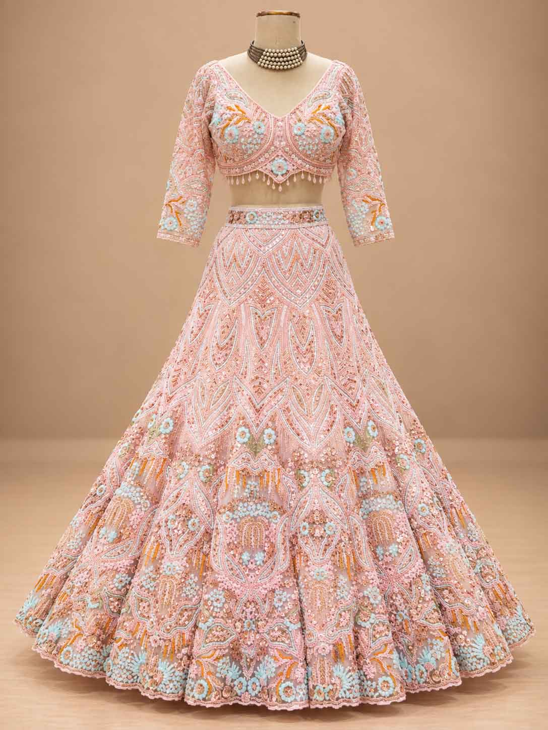 Pastel Peach Embroidered Lehenga Set with Dupatta | Women's Wedding Wear
