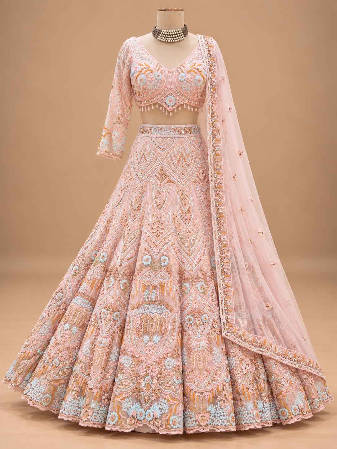 Pastel Peach Embroidered Lehenga Set with Dupatta | Women's Wedding Wear