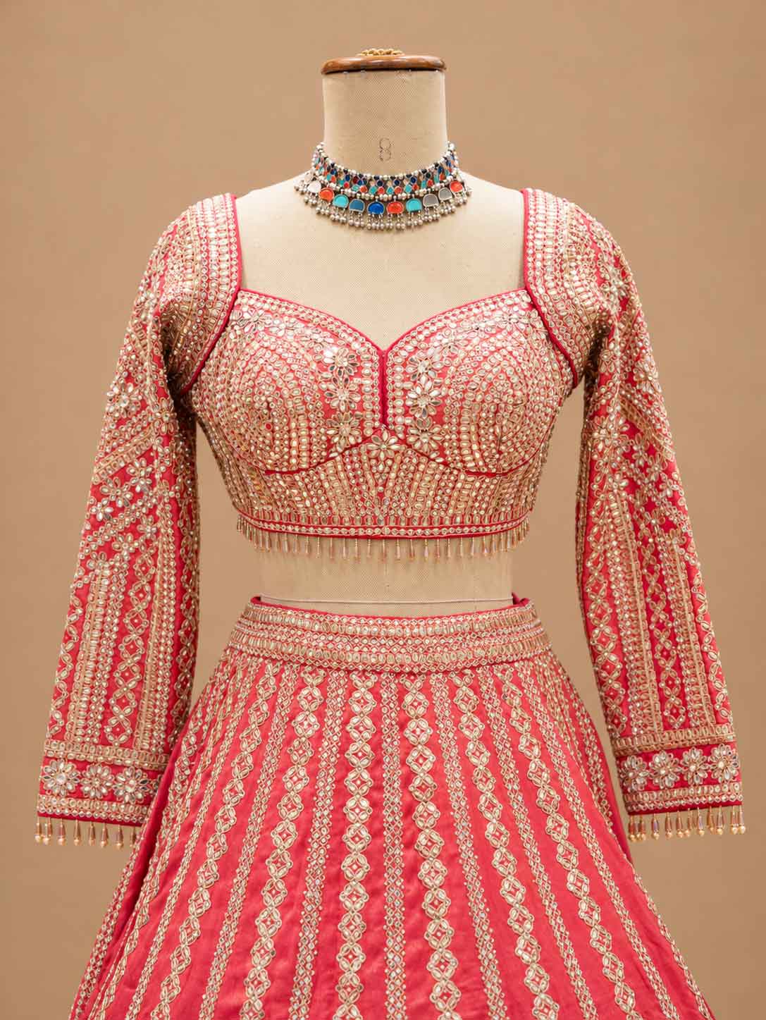 Coral Pink Embroidered Bridal Lehenga Set with Dupatta | Women's Wedding Wear