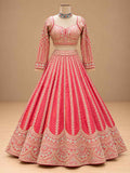 Coral Pink Embroidered Bridal Lehenga Set with Dupatta | Women's Wedding Wear